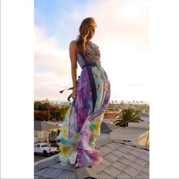 ANTHROPOLOGIE Byron Lars Wilderflora Patchwork Blue Floral Maxi Dress 2 - Picture 8 of 12